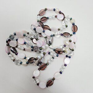 Estate Long Pink Mother of Pearl Beaded Necklace Faux Pearl Crystal Glass